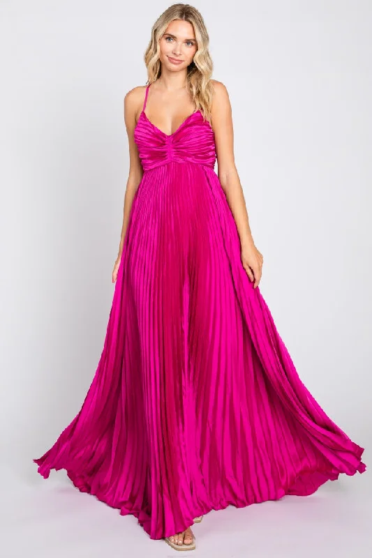 Magenta Satin Pleated Cutout Gown