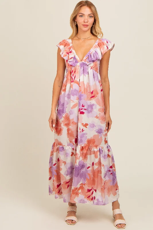 Mauve Floral Ruffle Accent V-Neck Maxi Dress