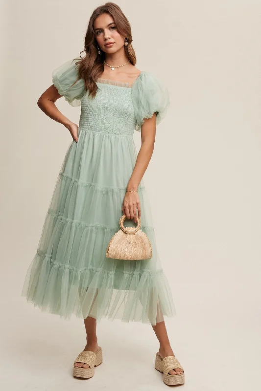 Mint Green Smocked Tiered Tulle Midi Dress