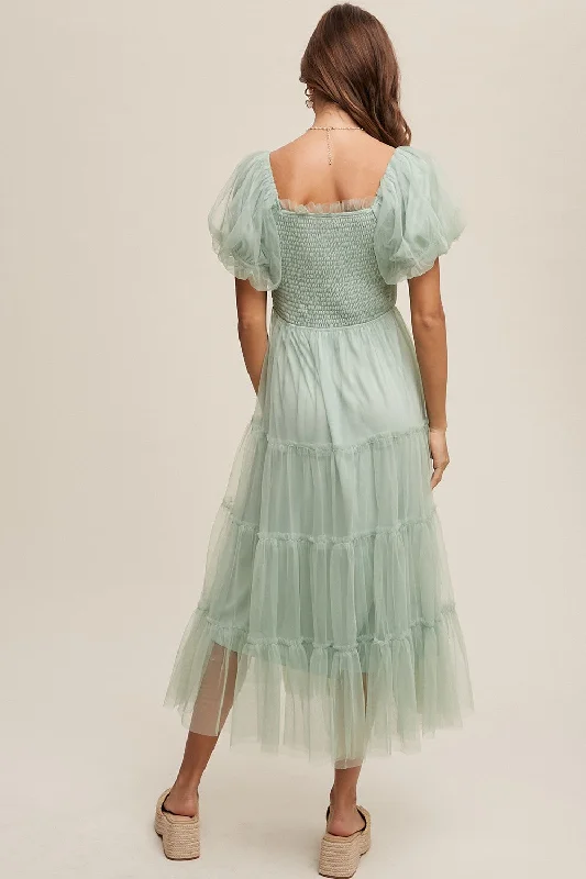 Mint Green Smocked Tiered Tulle Midi Dress