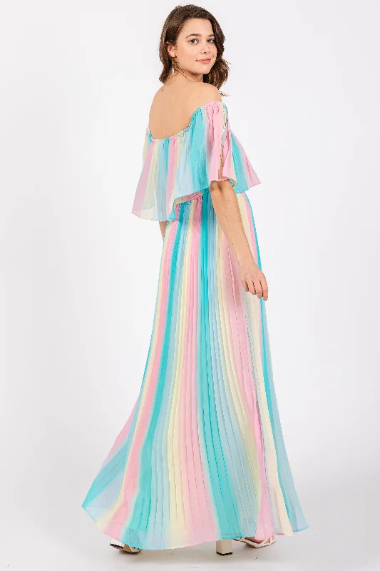 Multicolor Pleated Off Shoulder Maxi Dress