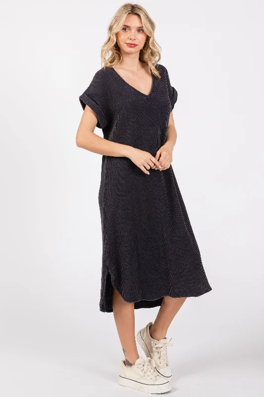 Navy Blue Waffle Knit Short Sleeve Dress