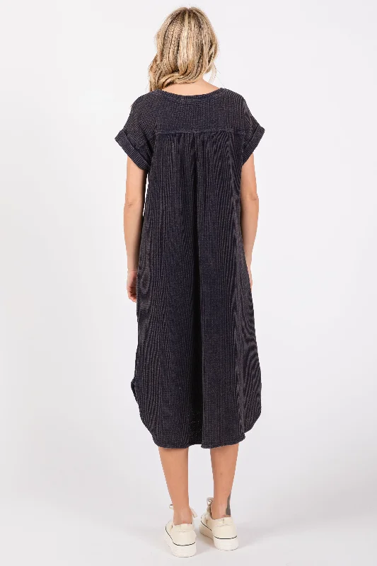 Navy Blue Waffle Knit Short Sleeve Dress