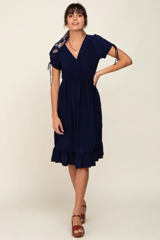 Navy Cinched Sleeve Midi Dress