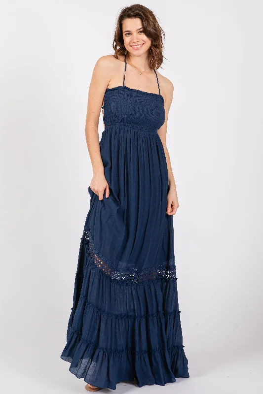 Navy Smocked Open Back Maxi Dress