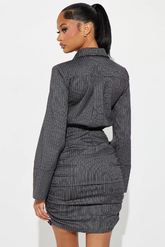 Office Gossip Pinstripe Mini Dress - Charcoal