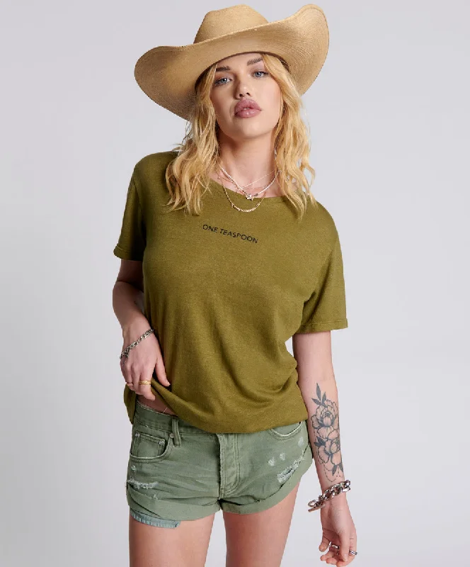 ONE TEASPOON LINEN WIDE NECK TEE KHAKI