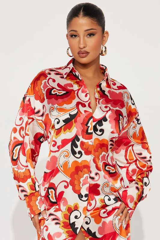 Paisley Satin Shirt Dress - Orange/combo