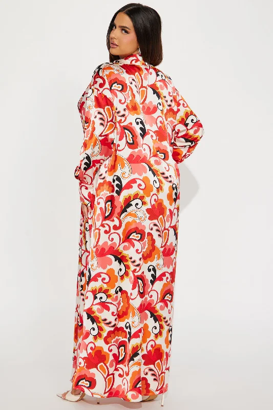 Paisley Satin Shirt Dress - Orange/combo