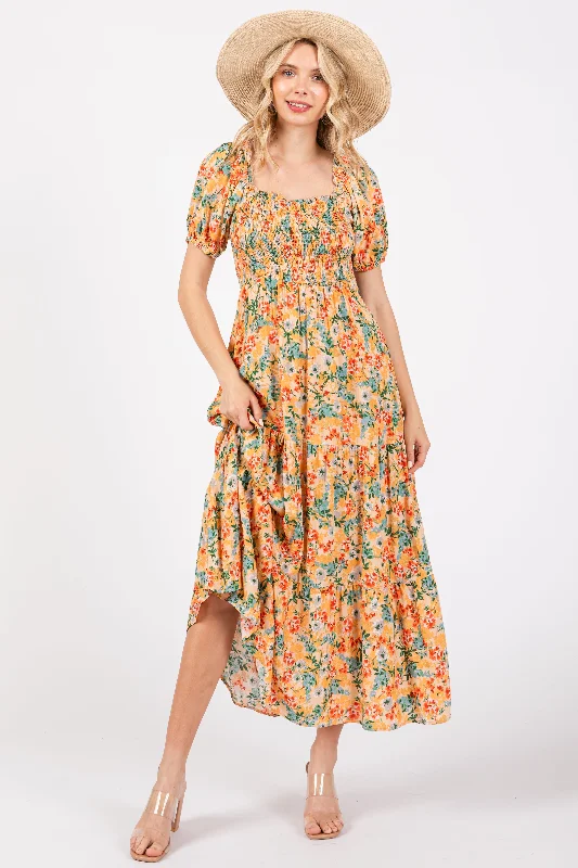 Peach Floral Smocked Tiered Midi Dress