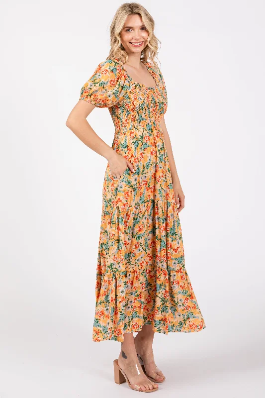 Peach Floral Smocked Tiered Midi Dress