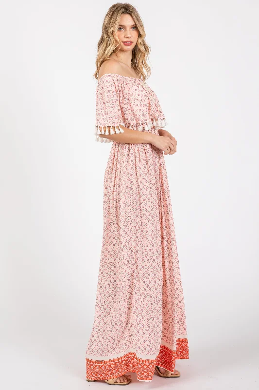 Peach Tile Off Shoulder Tassel Edge Maxi Dress