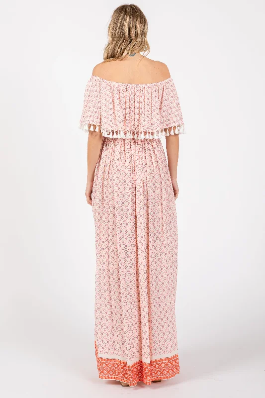 Peach Tile Off Shoulder Tassel Edge Maxi Dress