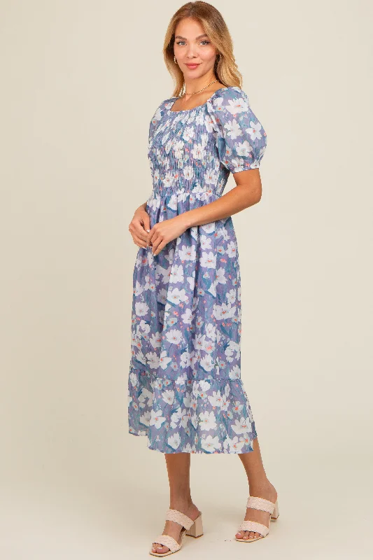 Periwinkle Floral Smocked Midi Dress