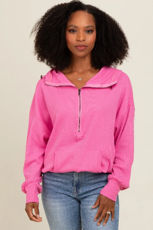 Pink Waffle Knit Half Zip Relaxed Fit Hoodie