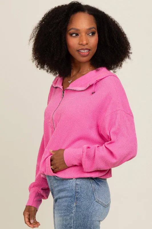 Pink Waffle Knit Half Zip Relaxed Fit Hoodie