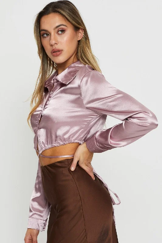 Pink Wrap Blouse Long Sleeve Collared Satin