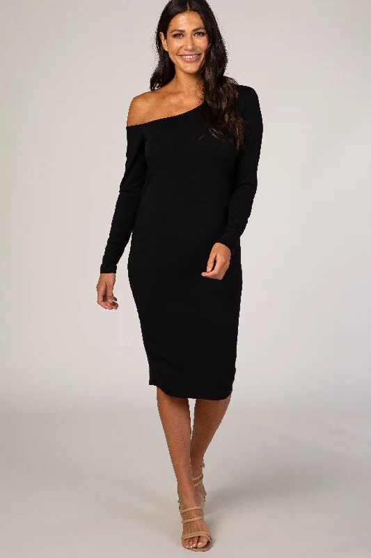 PinkBlush Black One Shoulder Fitted Midi Dress