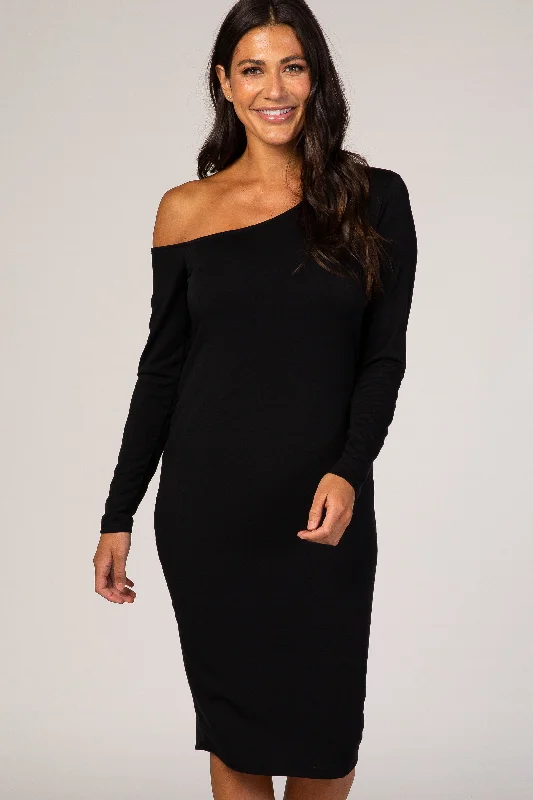 PinkBlush Black One Shoulder Fitted Midi Dress