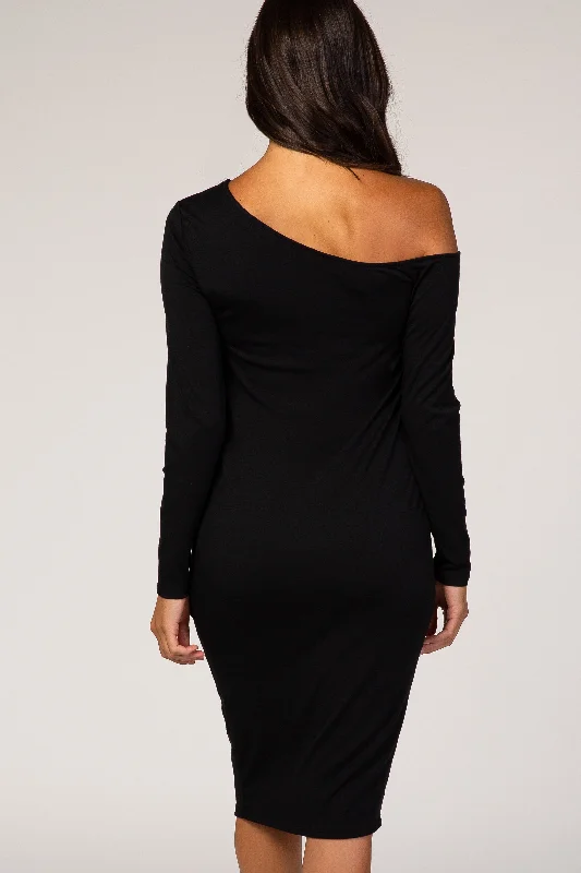 PinkBlush Black One Shoulder Fitted Midi Dress