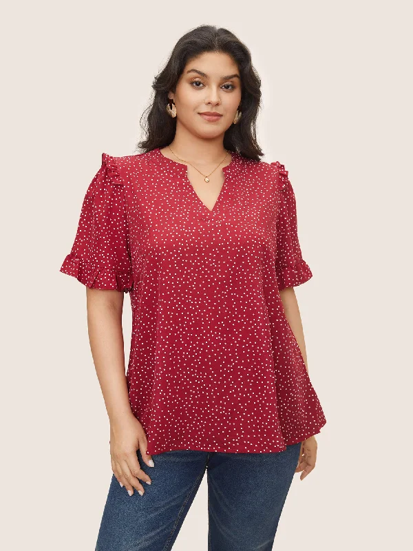 Polka Dot V Neck Ruffle Trim Blouse