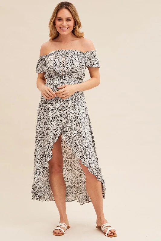 Print Midi Dress Short Sleeve Shirred Off Shoulder