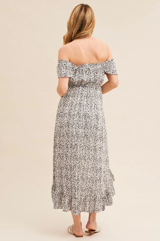 Print Midi Dress Short Sleeve Shirred Off Shoulder