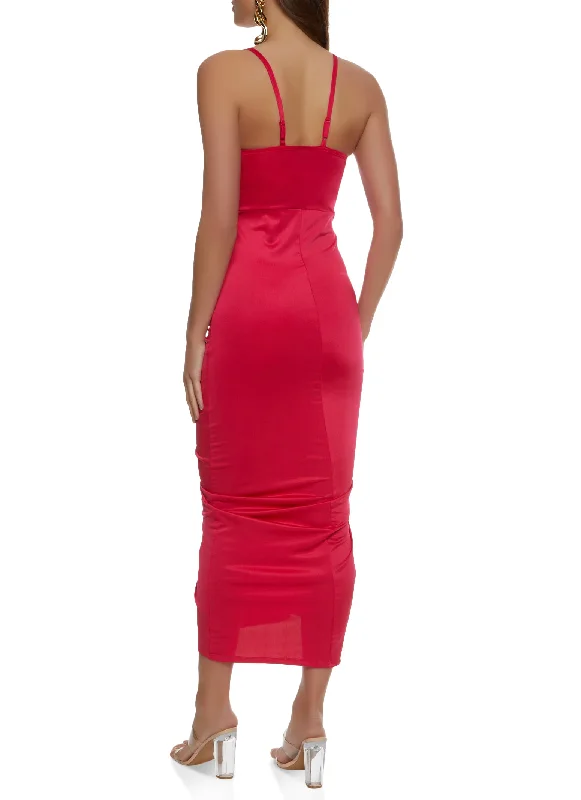 V Neck Ruched Side Slit Maxi Dress