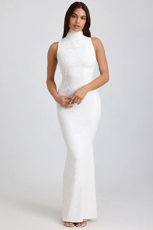 Ribbed Modal Turtleneck Maxi Dress in White