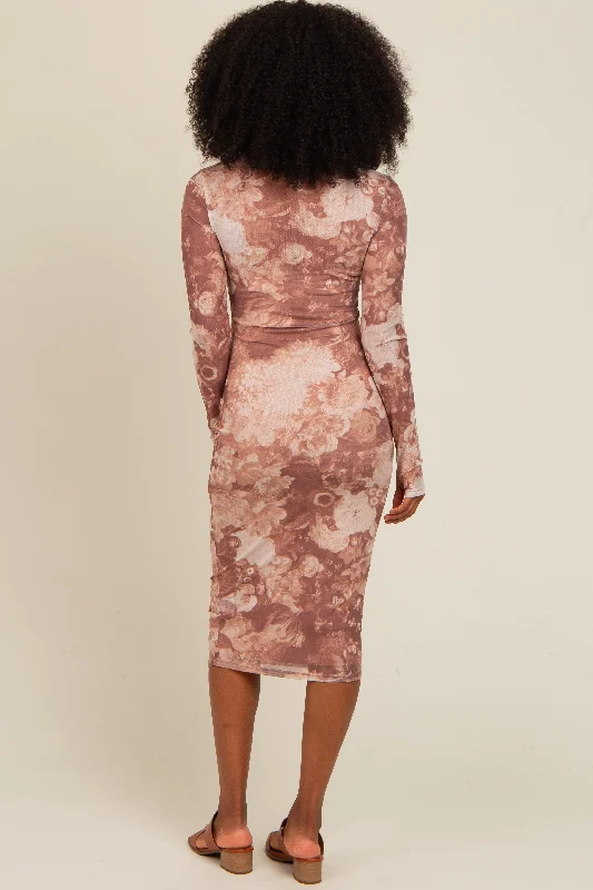 Rust Floral Mesh Overlay Fitted Midi Dress