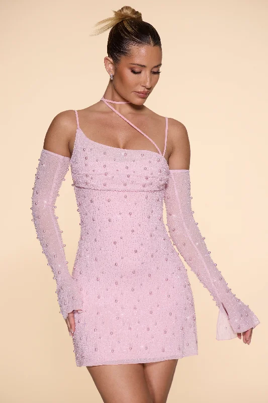 Embellished Asymmetric Corset Mini Dress in Blush