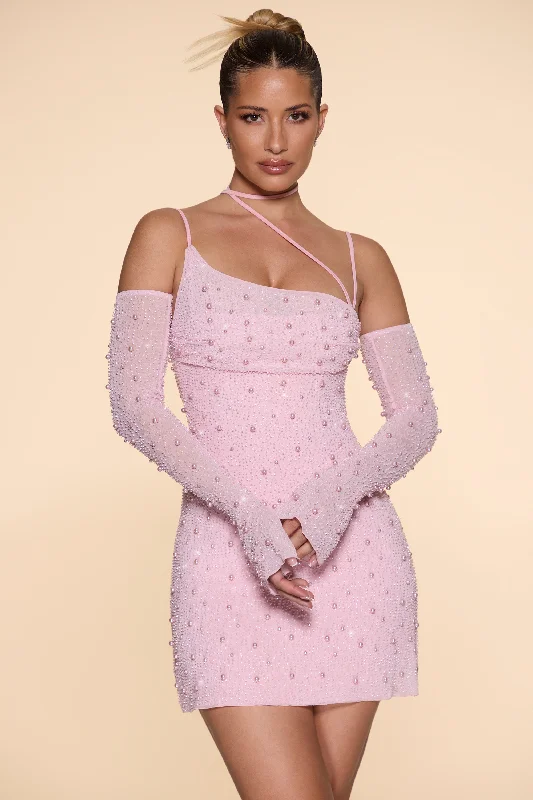 Embellished Asymmetric Corset Mini Dress in Blush