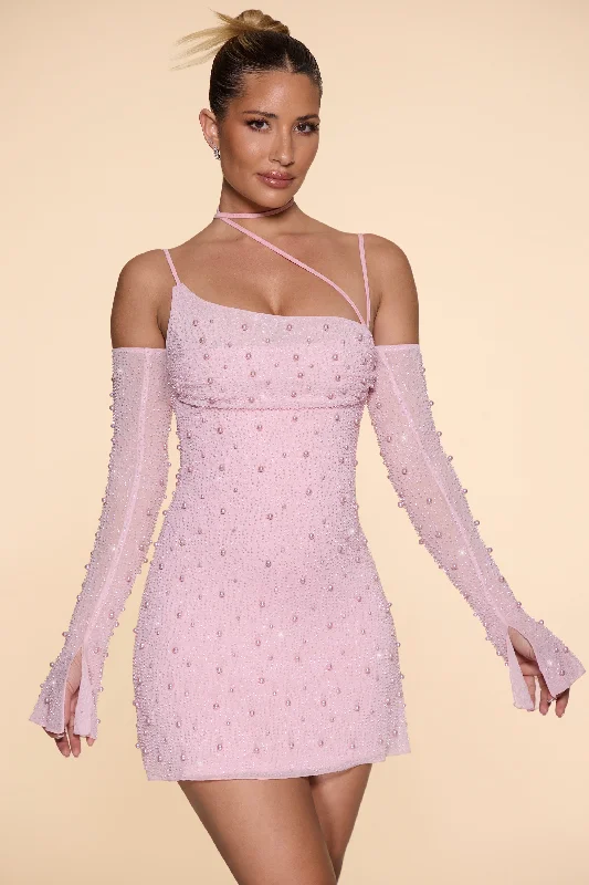 Embellished Asymmetric Corset Mini Dress in Blush