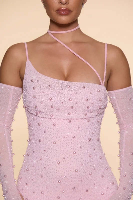 Embellished Asymmetric Corset Mini Dress in Blush