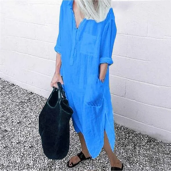 Solid Long Sleeve Side Split Long Dress