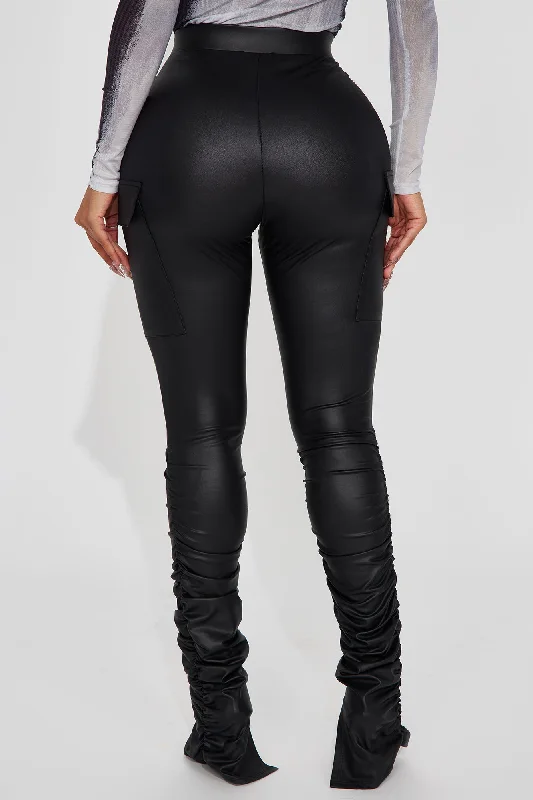 Stacked Up Faux Leather Cargo Legging - Black