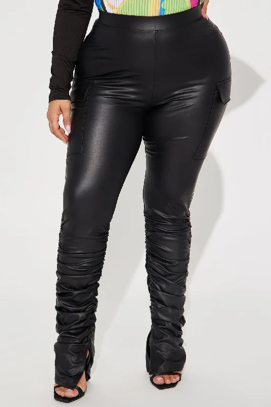 Stacked Up Faux Leather Cargo Legging - Black