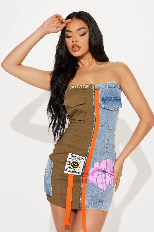 Stay Weird Cargo Mini Dress - Olive/combo