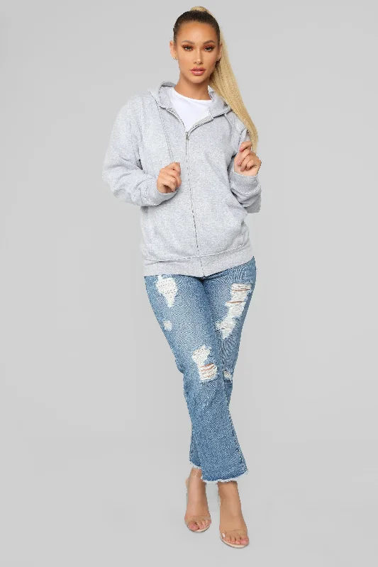 Stole Your Boyfriend's Oversized Zip Up Hoodie - Heathered Grey