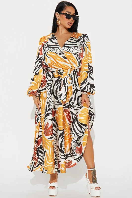 Tahiti Sunset Satin Maxi Dress - Mustard/combo