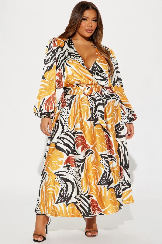 Tahiti Sunset Satin Maxi Dress - Mustard/combo