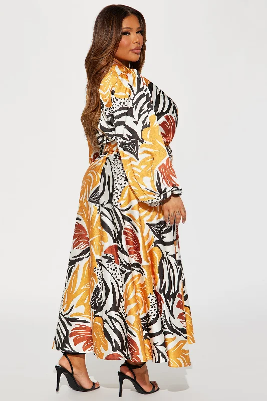 Tahiti Sunset Satin Maxi Dress - Mustard/combo