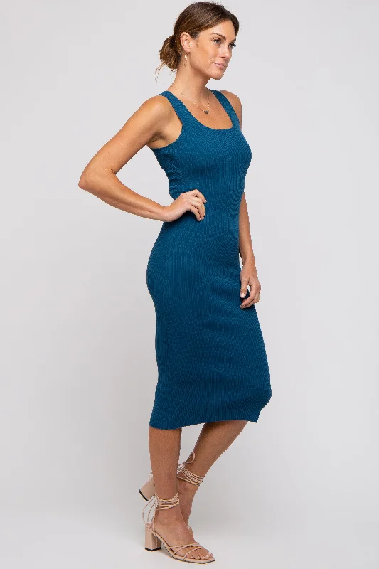 Teal Fitted Knit Midi Dress