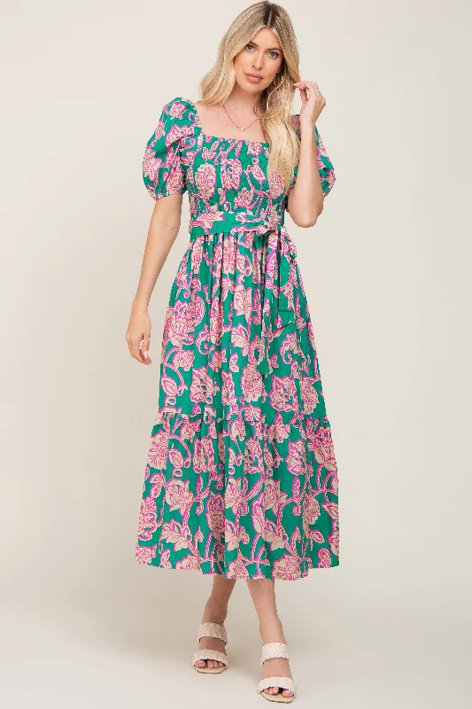 Teal Floral Square Neck Smocked Midi Dress