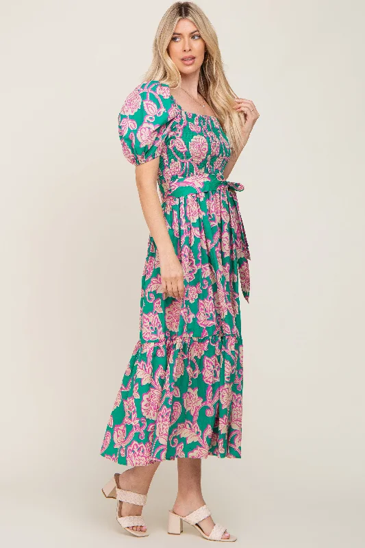 Teal Floral Square Neck Smocked Midi Dress