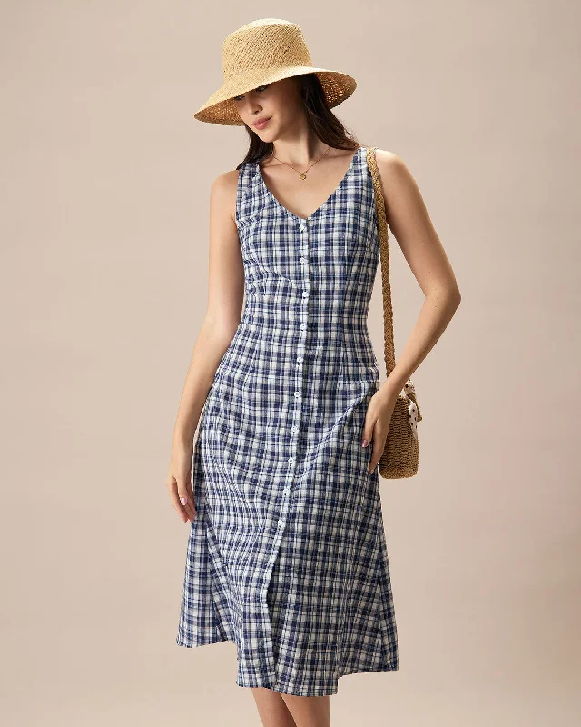 The Blue V Neck Plaid Button Cotton Midi Dress