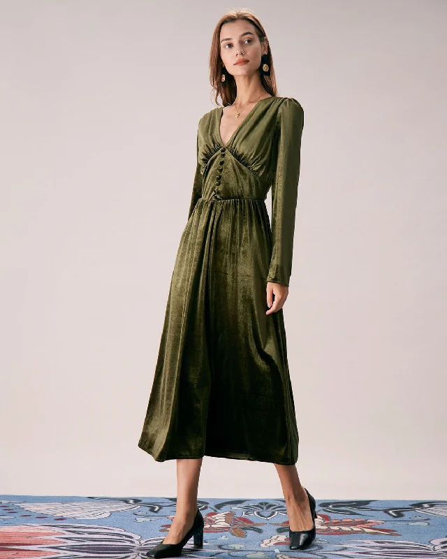 The Green V Neck Velvet Ruched Midi Dress