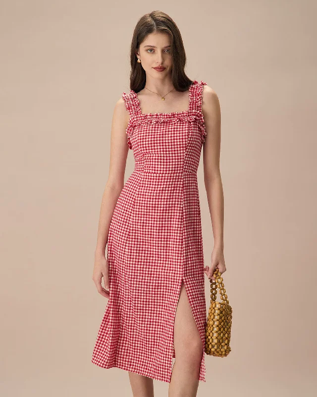 The Red Square Neck Plaid Cotton Midi Dress