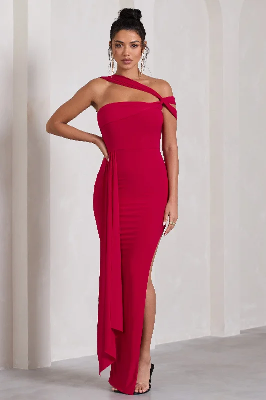 To The Max | Red Strappy Asymmetric Split Maxi Dress With Drape