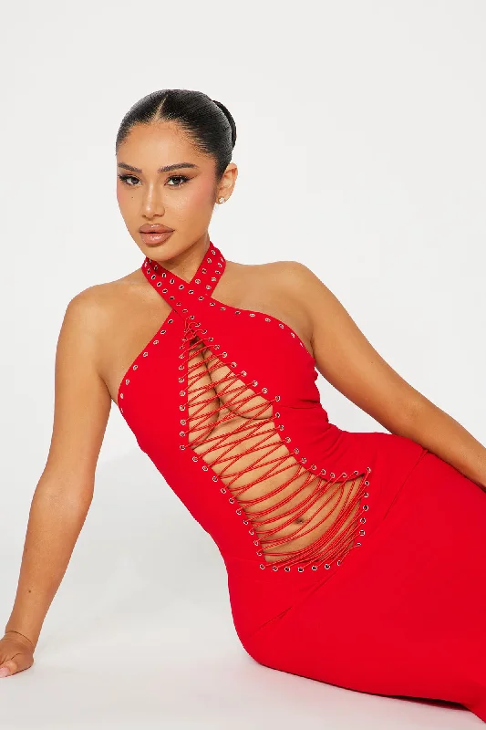 Too Hot Lace Up Maxi Dress - Red